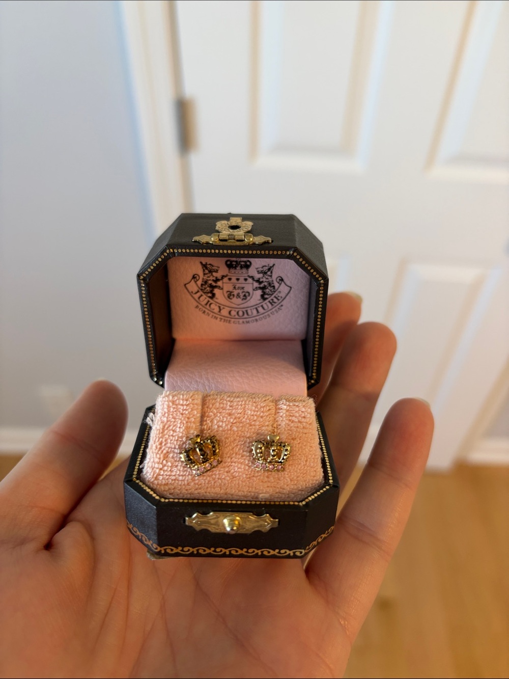 Juicy Couture Gold Crown Stud Earrings with Pink Accents